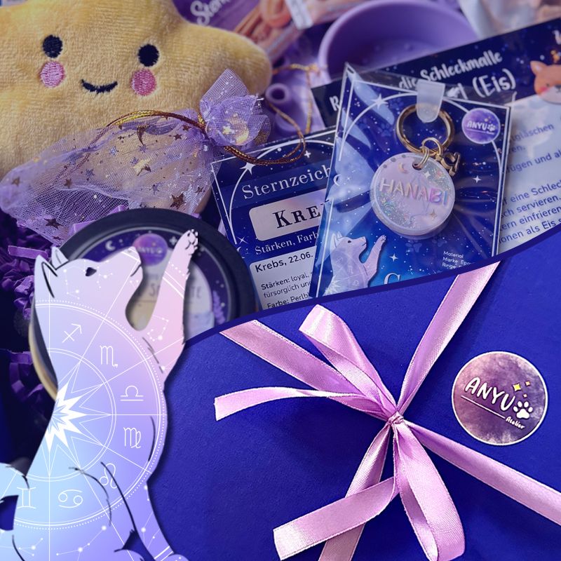 A picture of <p>Die limitierte Sternenbox mit der Hundemarke in 28mm aus der Celestial Paws Kollektion vereint Astrologie mit Design und betont die besondere Verbindung von dir und deiner Fellnase über Sternzeichen, Farben und Edelsteine.</p><p>Jede Farbe steht für ein Sternzeichen und ist in Pastellfarben mit irisierenden Highlights gestaltet – inspiriert vom Zauber des Astrallichts und des Sternenhimmels.</p>Inhalt:<ul style="list-style:inside"><li>Hundemarke mit Sternzeichen</li><li>Kristall-Duftkerze mit Sternzeichen & echten Edelsteinen, Lavendel- und Honigduft</li><li>Sternzeichenkarten mit Infos & Aufgabe zur Erkundung des Sternenhimmels</li><li>Schleckmatte in Sternenform inkl. laminiertem Rezept & Magnet</li><li>Plüschi in Sternenform mit Quietschi</li><li>Veganes Hunde-Leckerli „Fruchtsternchen“</li><li>Tee & Süßes für den Menschen</li></ul>